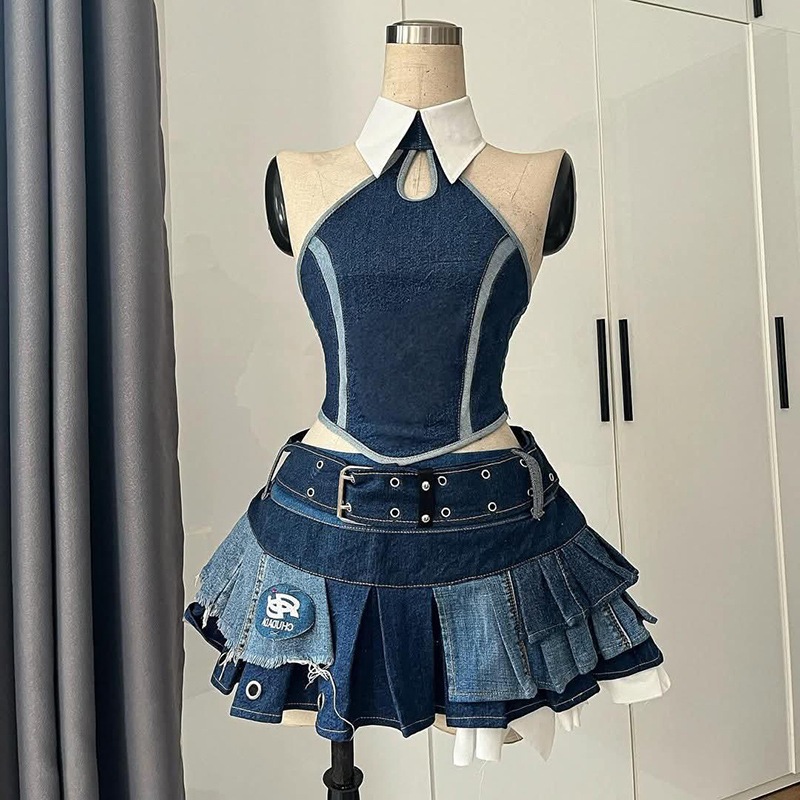 レディース セクシー デニム セット 夏 ポロネック パッチワーク トップス スリミングウエスト スカート (ツーピースセット)