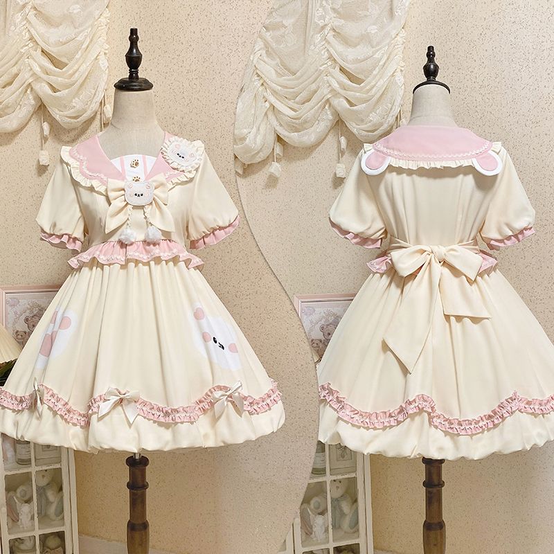 【急速出荷!】少女オリジナル乳熊団子少女ロリータ半袖花蕾スカート中ロングスカート