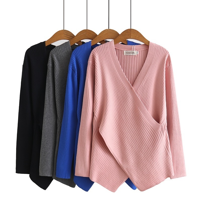 Vネックトップス リブニットトップス 長袖ニットセーター クロスデザイントップス カジュアルニットセーター トップス ニットソー セーター プルオーバー 袖あり 長袖 Vネック スリム ストレート