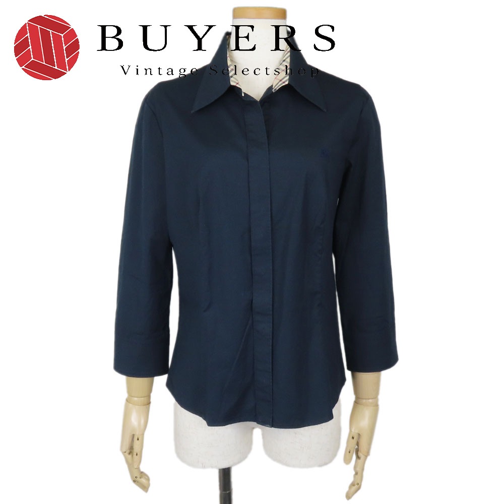 中古 長袖シャツ 40 コットン ポリウレタン ネイビー 七分袖 裏地ノバチェック アパレル レディース 女性