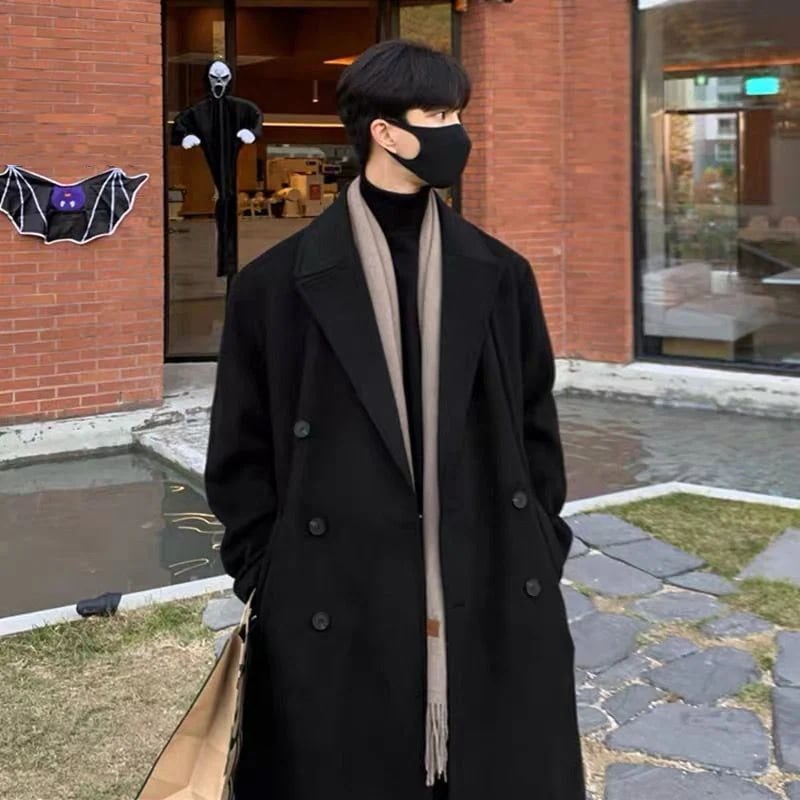 メンズ かっこいい ロング丈 韓版 ブラック ツイード コート ファッション 英伦風 ブレスト チェスターコート