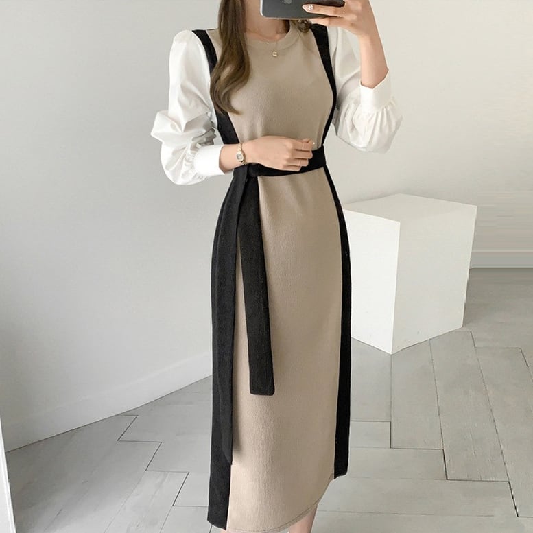 2color レディース 異素材コントラストニットワンピース 長袖 25