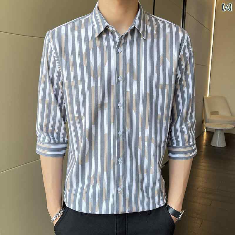 シャツ トップス メンズ カジュアル スタイリッシュ 夏 スリム 七分袖 シンプル ストライプ 中袖 おしゃれ 薄手 ビジネス 4,923円