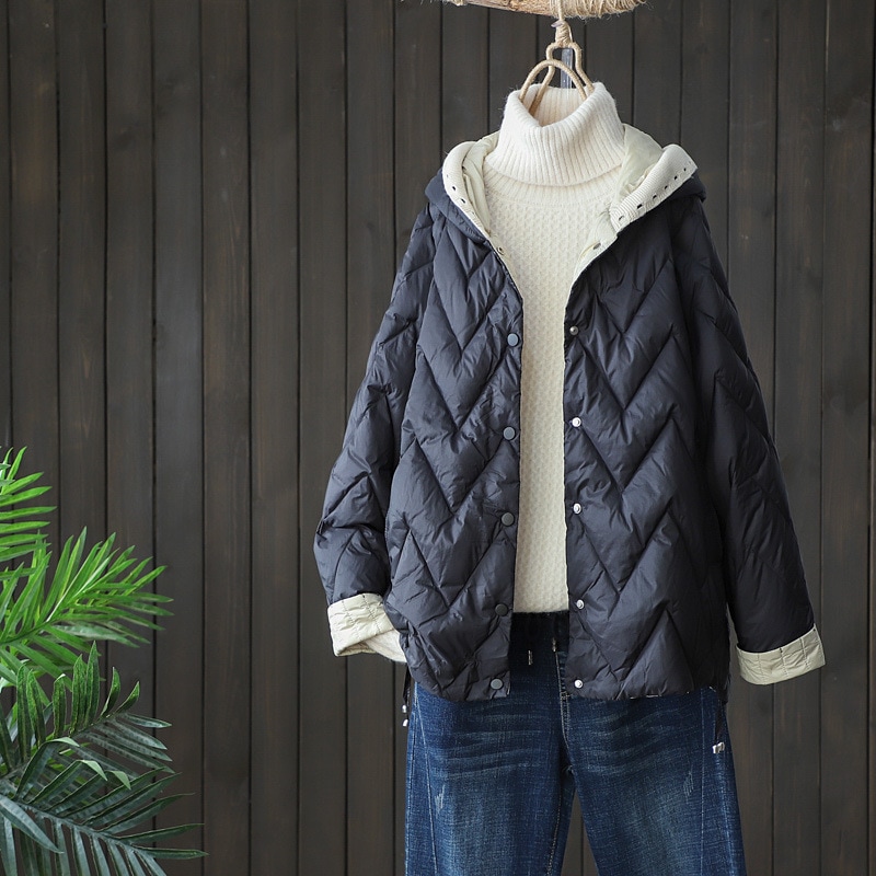 女性用軽量ダウンジャケット 2025年新作 ニットパッチワーク フード付き おしゃれ 小柄 トレンド 暖かい ショートジャケット