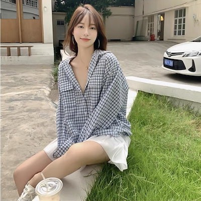 ルーズ長袖チェック柄シャツ オーバーサイズシャツ レディース トップス シャツ ブラウス ロング 長袖 ボリューム袖 Vネック 襟付き ワイド ストレート Iライン ルーズ長袖チェック柄シャツ オーバーサイズシャツ レディース