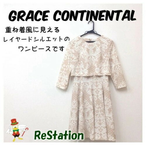 【中古】GRACE CONTINENTAL グレースコンチネンタル レイヤードワンピース 七分袖 レース柄 ベージュ レディース サイズ38