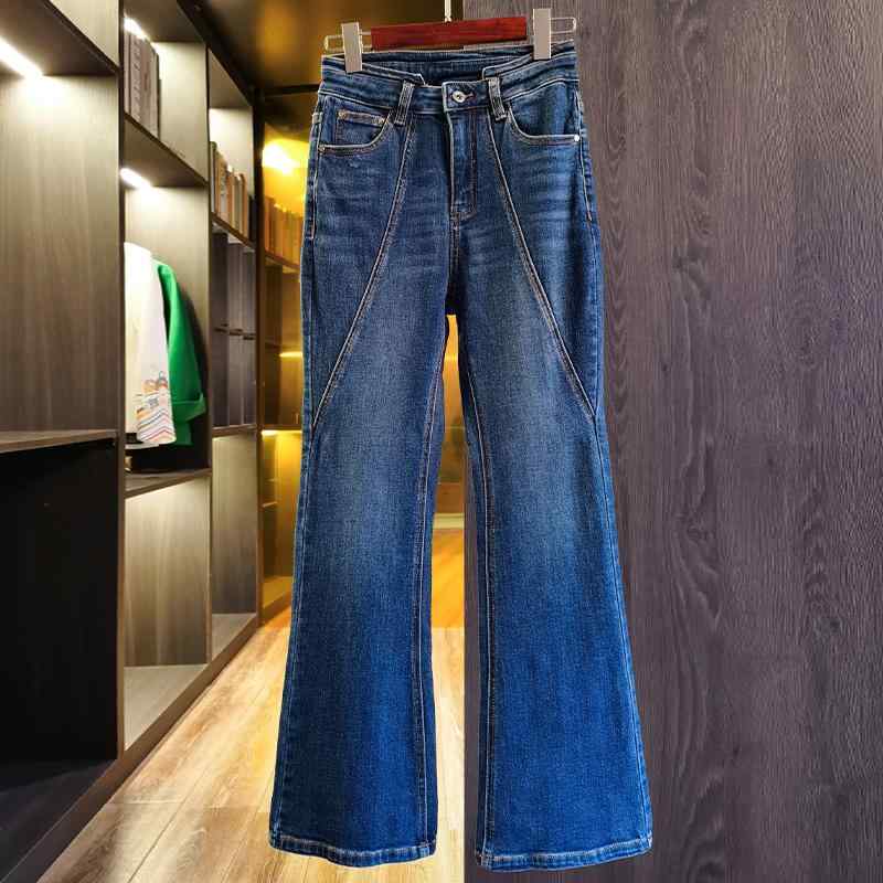 デニム パンツ ボトムス レディース クラシック 無地 ハイウエスト スリムフィット フレアジーンズ カジュアル 青