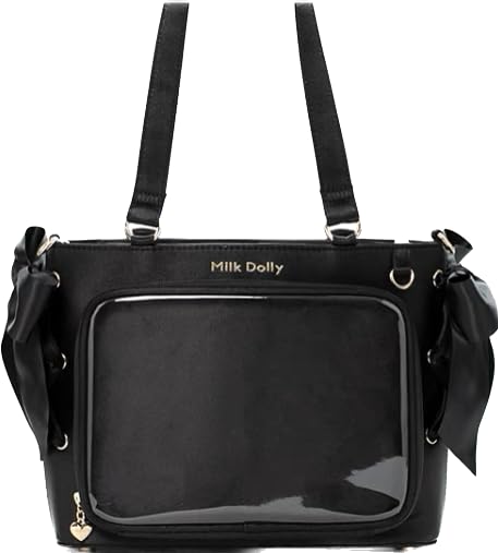 【FUYUUNEKO】サイドリボン付きサテン痛バッグ ふゆねこ 浮遊猫 MILK DOLLY ミルクドーリー 中国痛バ 推し活 光沢 軽い サテン 黒 ブラック [並行輸入品]