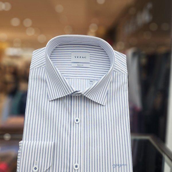 AK平沢店シャツ コットン混紡 ストレッチ スリムフィット シャツ ブルー