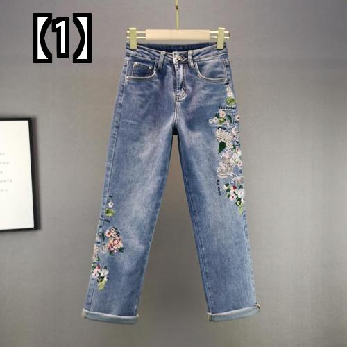 デニム パンツ レディース ジーンズ エスニック 刺繍 おしゃれ ボトムス ストレート 春夏 ハイウエスト 細身 スリム 花 ブルー 5,459円