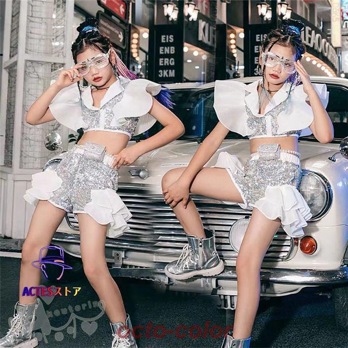 キッズ ダンス衣装 セットアップ キラキラトップスショートパンツ へそ出し 女の子 舞台服 演出服 K-POP ステージ衣装 練習着 体操服 応援団 120-160cm 送