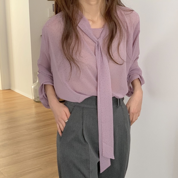 韓国ファッション ドットパターン リボン タイ シフォン ブラウス