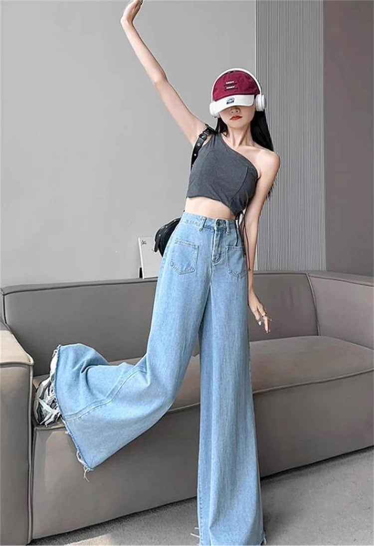 INSスタイル 2024夏 カジュアルパンツ ロングパンツ スラックス 垂れ感 デニムパンツ スリム おしゃれな ワイドパンツ ジーンズ ハイウエスト