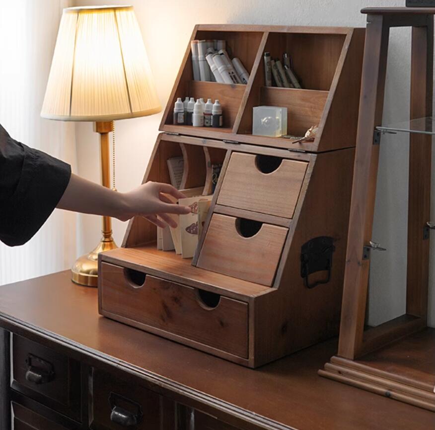 再入荷品文 事務用品で化粧品 書類ケース 文房具収納 大容量 滑り止め ブラウン 3段 2段 4段 小物 横 木製 収納ボックス 卓上収納ケース