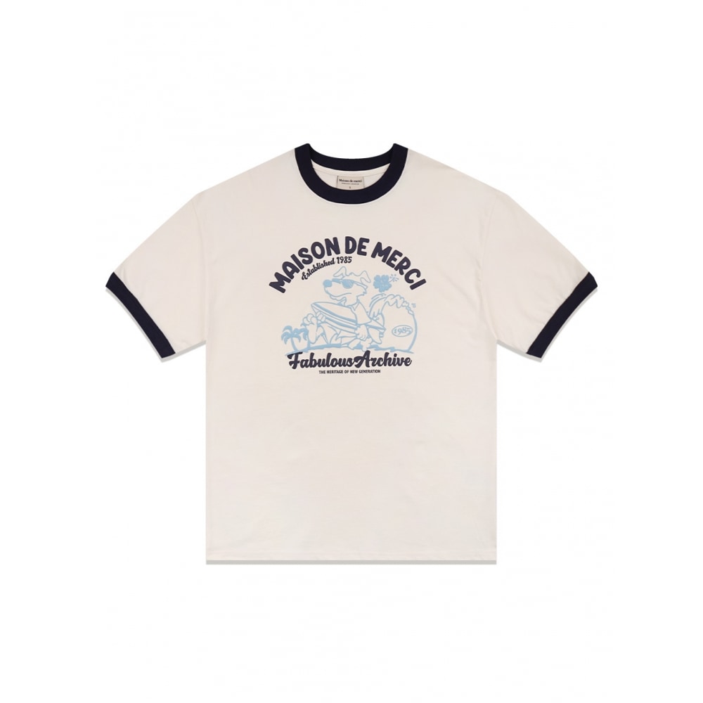 ファビュラスアーカイブユニセックスオーバーフィットパピーサーフィンリンガーショートスリーブ Tシャツクリームネイビー (FCE2TS401M)