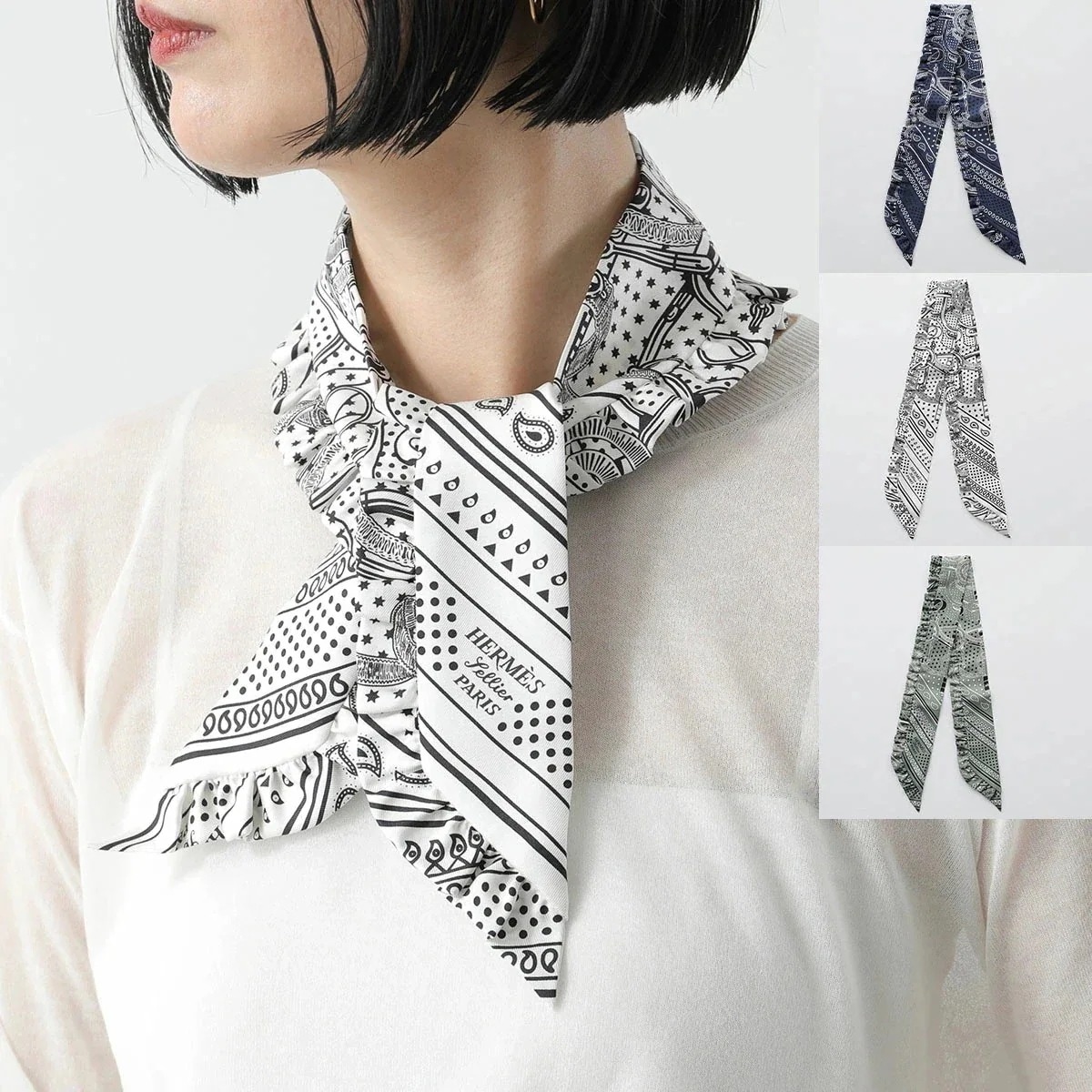 HERMES エルメス スカーフ ツイリー フリル TWILLY VOLANT 852978S シルク エプロンドール バンダナ 総柄 ロゴ ケース付き カラー