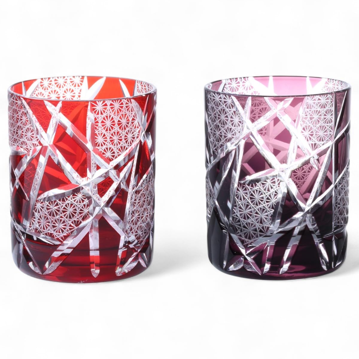 J-kitchens 水影 切子 ペア グラス カップ ロック グラス Φ70xH90mm 210cc 乱彫小紋 レッド & パープル 美匠 Current Model