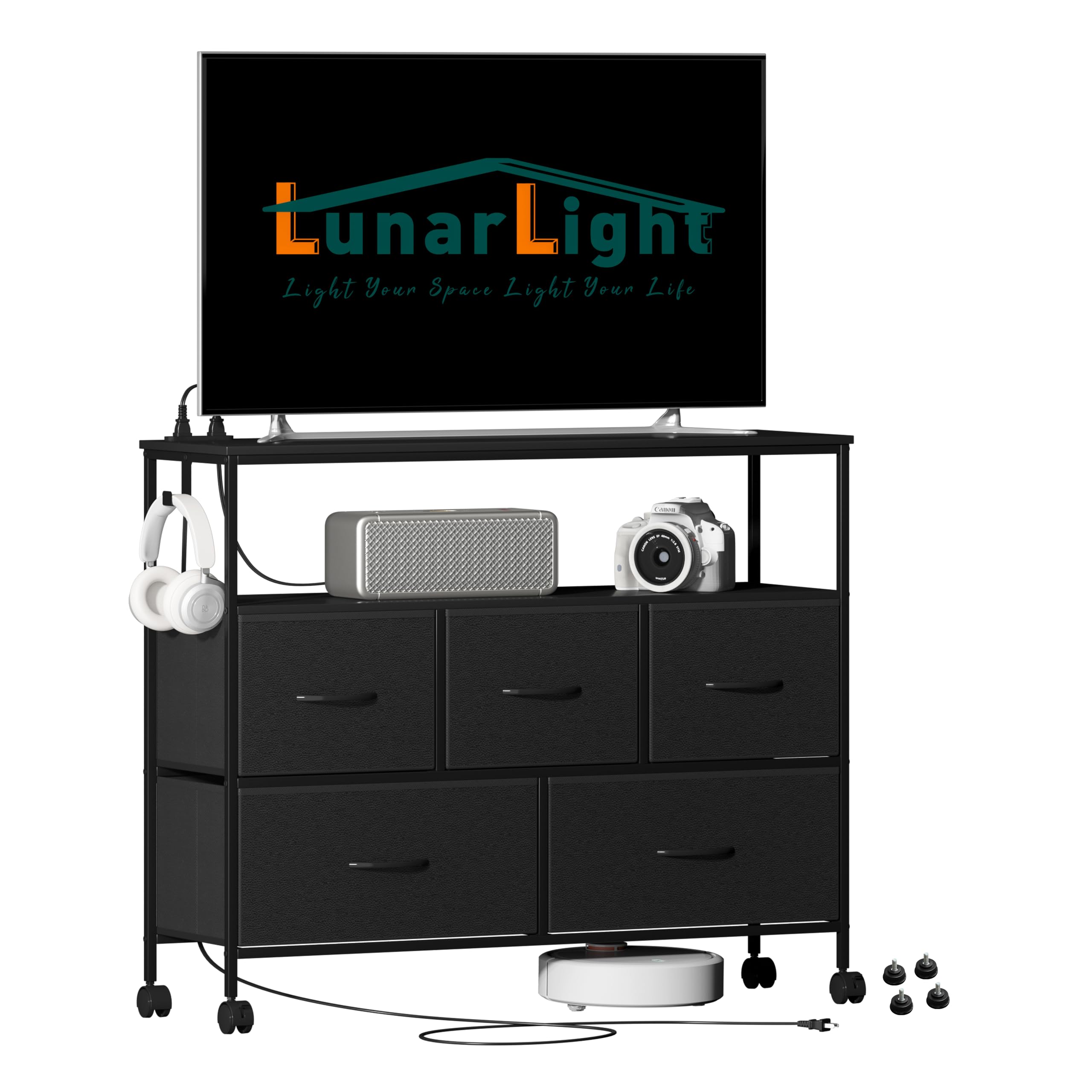 LunarLight チェスト タンス 幅100奥行30高さ78 収納チェスト 収納ケース 2口コンセント付き キャスター付き ストッパー付き 移動式と固定式2種類 テレビ台 頑丈 組立簡単 耐震転