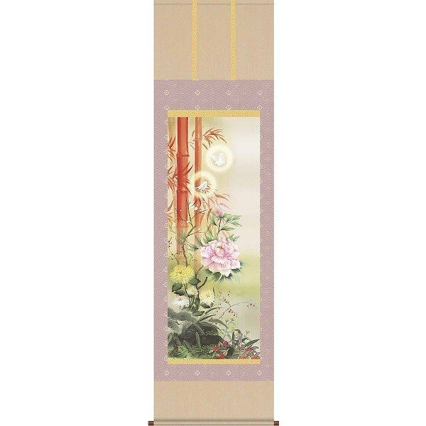 掛軸/開運画/開運花鳥/吉祥百花繚乱図/片山観雪/曉山会/洛彩緞子本表装/尺三サイズ幅44.5cm/化粧箱収納/表装品質十年保証