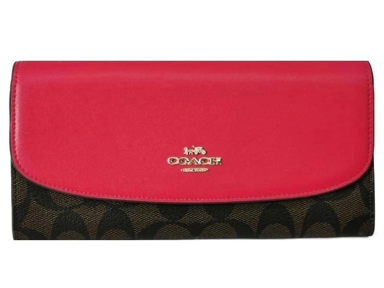 COACH F54022 RED コーチ スナップ式長財布 アウトレット シグネチャー スリム エンベロープ ウォレット メタルロゴ付 スムースカーフレザー/PVC レッド/ダークブラウン/ゴールド 23,606円