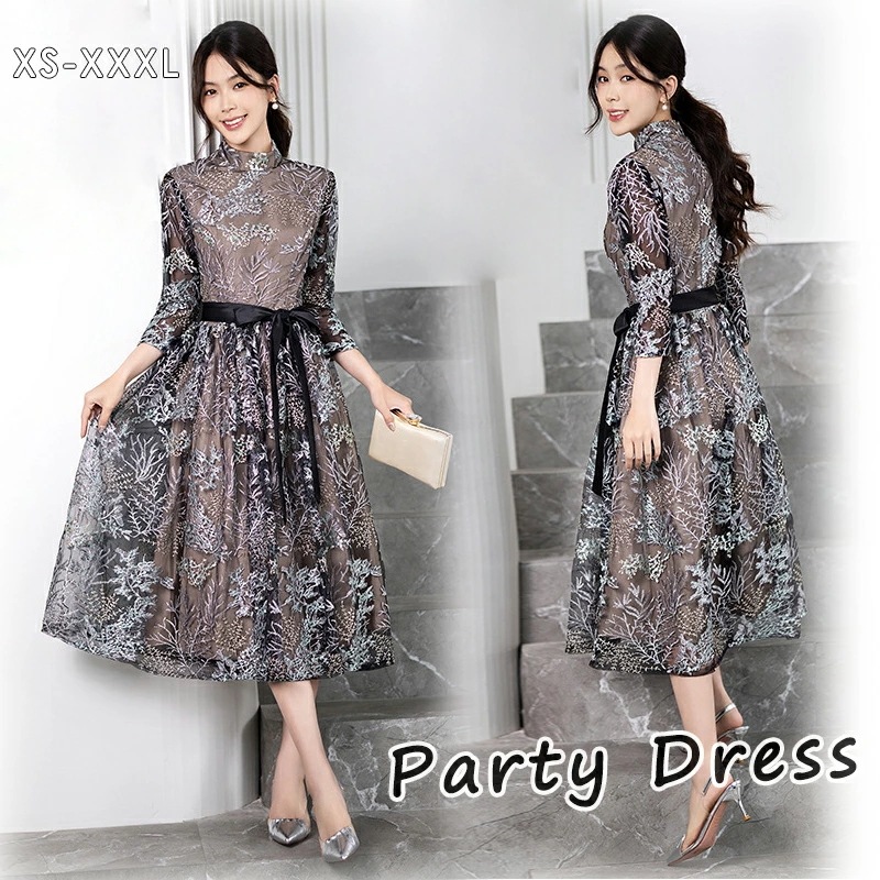 【即納】結婚式 ワンピース パーティードレス ミモレ丈 フォーマルドレス ドレス お呼ばれ フォーマル ワンピース 袖あり 結婚式 ワンピース パーティードレス 大きいサイズXXXL 入園式 二次会