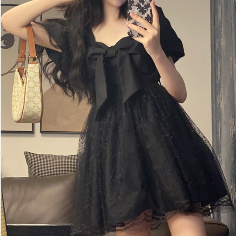 Aライン ワンピース ドレス チュールレース 胸元リボン デカリボン 結婚式 レディース ひざ丈