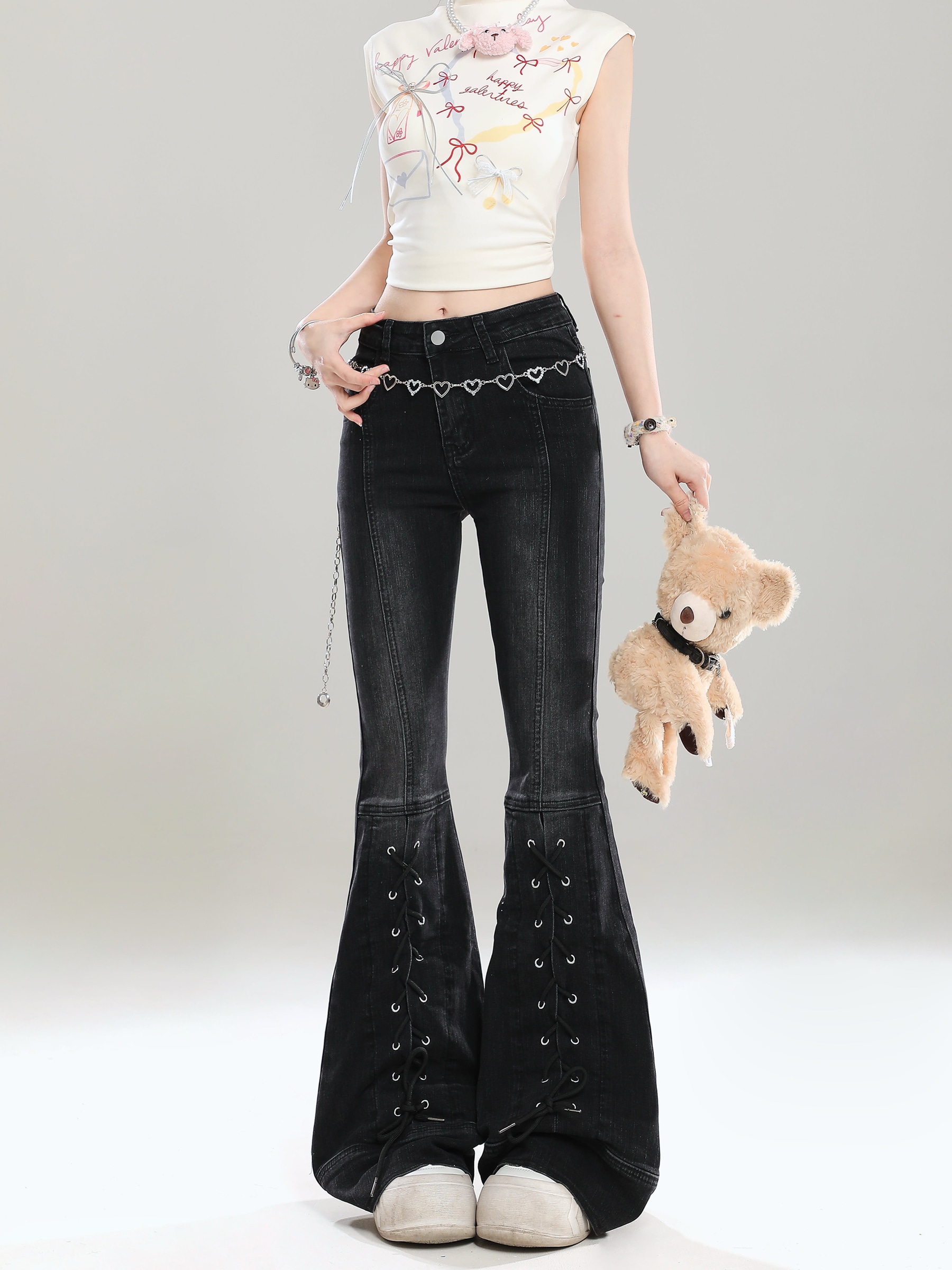 2025春夏 パンツ デニム ジーンズ ストリート系 ハイウエスト 美脚効果 脚長効果 細見え 夏 おしゃれ かわいい 韓国系ファッション加工 レディース お出かけフレンチ