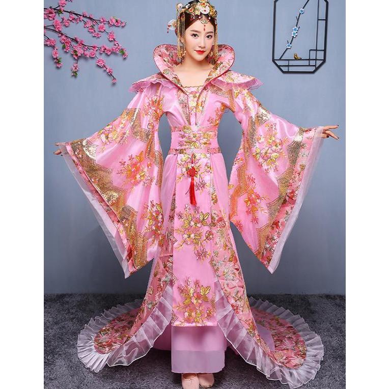 4色　漢唐時代中国風ウエディングドレス　中国古代宮廷衣装　振袖プリーツ引き裾ロング唐装漢服　スパンコール刺繍超豪華な古典舞台衣装　代役男性も着用できる30%までに制限