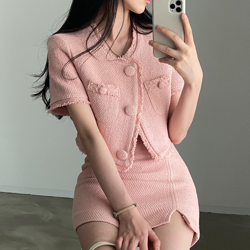 セットアップ レディース ミニスカート S M 韓国 ジャケット ノーカラージャケット ミニ丈 ショート丈 半袖 ラウンドネック スリム タイト 細身 ツイード かわいい 大人可愛い きれいめ シック