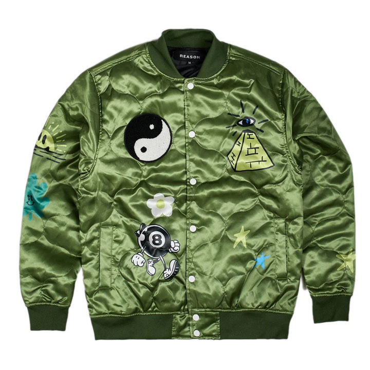 REASON アウター 長袖 スタジャン ブルゾン メンズ 春秋冬用 緑 大きいサイズ リーズン スタジアムジャンパー 防寒着 派手 総柄 ミリタリージャケット