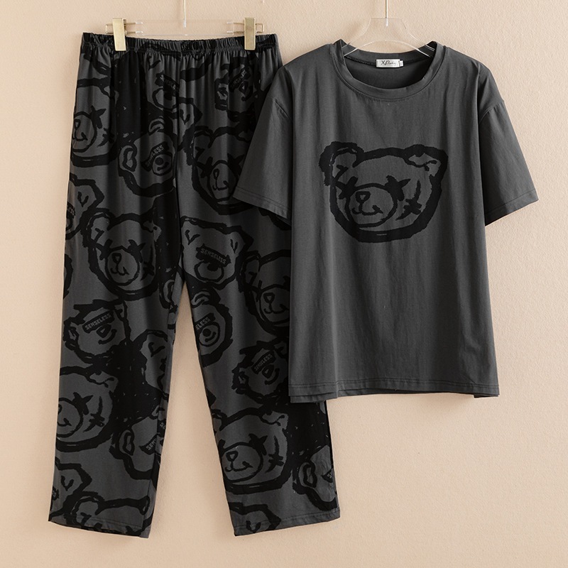 新作 春夏 ニット コットン 漫画 カップル プラスサイズ パジャマ ゆったり フィット ホームウェア 半袖 パンツセット (200kg 対応)