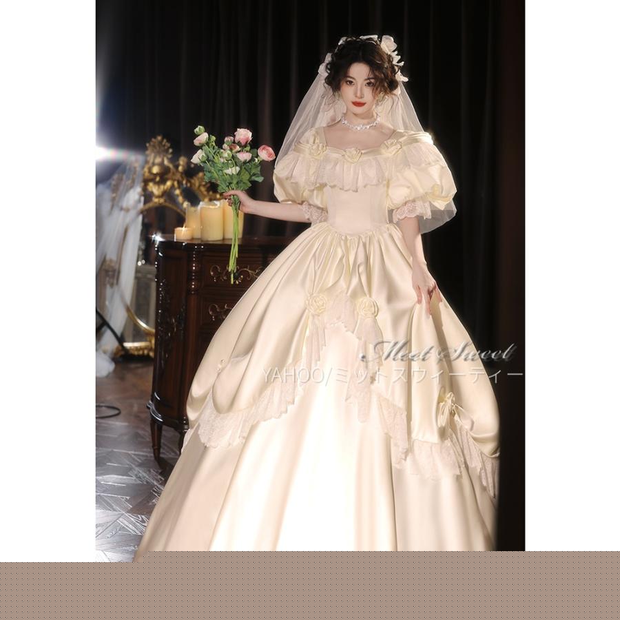 ウェディングドレス 花嫁 結婚式 二次会 前撮り ドレス ブライダル ウエディングドレス オフホワイト プリンセスドレス レトロ サテン レース パフスリーブ