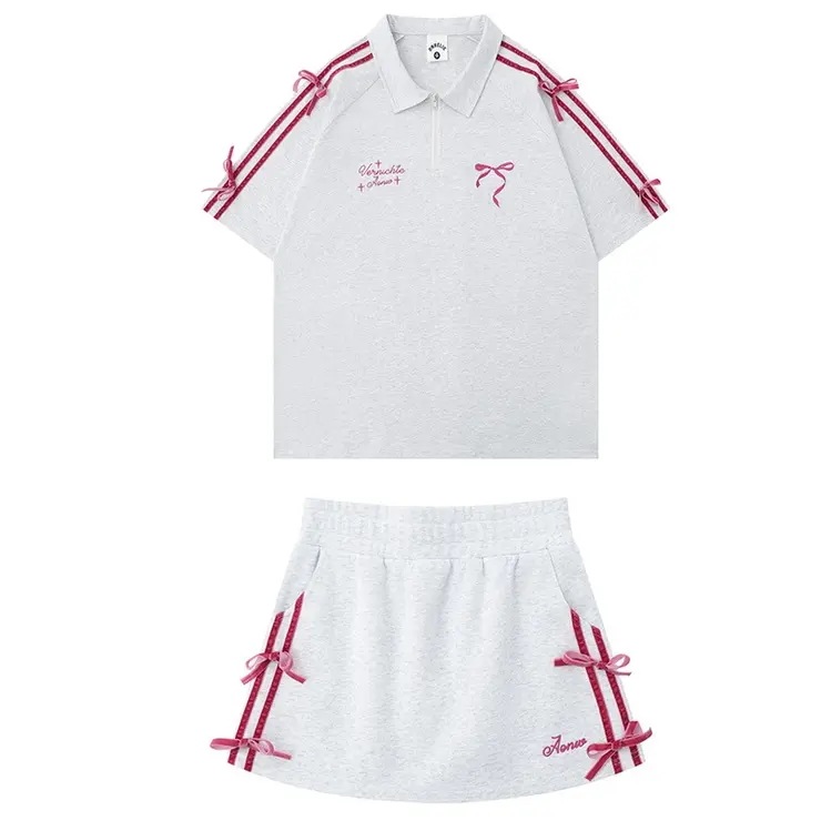 【SHOPLIST限定】夏のカジュアルスポーツスタイル蝶結デコレーションの半袖ポロシャツとスカートの2点セット