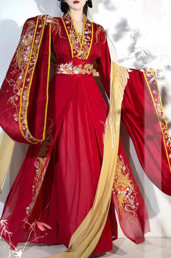 漢服 華やか 中国古代服装 漢唐 古典 古代 結婚式 花嫁 中華衣裳 金色刺繍 龍 花 ゴージャス 刺しゅう 振り袖 インナー有り ロングストール（ショール）巻きスカート 4点セット チャイナ服 宮廷