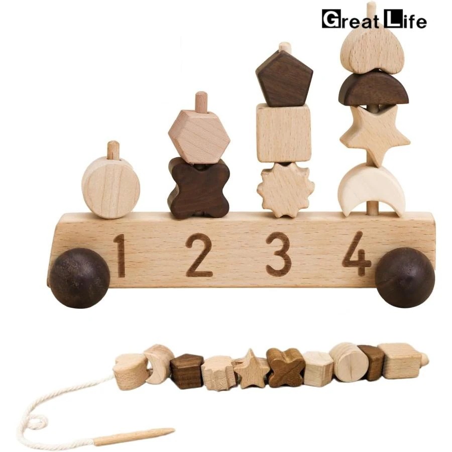 【新品】積み木 おもちゃ 紐通し ひもとおしおもちゃ 棒通し 手押し車 ベビー スタッキングゲーム モンテッソーリ 玩具 木製おもちゃ 木のおもちゃ 知育玩具