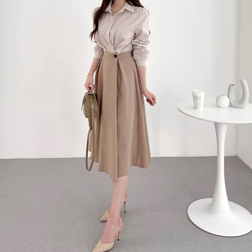 フェイクツーピース レディース スカート ワンピース シャツワンピ ロングスカート ミモレ 長袖 襟付き スリム Aライン スマート ハイウエスト ボタン 切り替えデザイン かわいい 大人可愛い