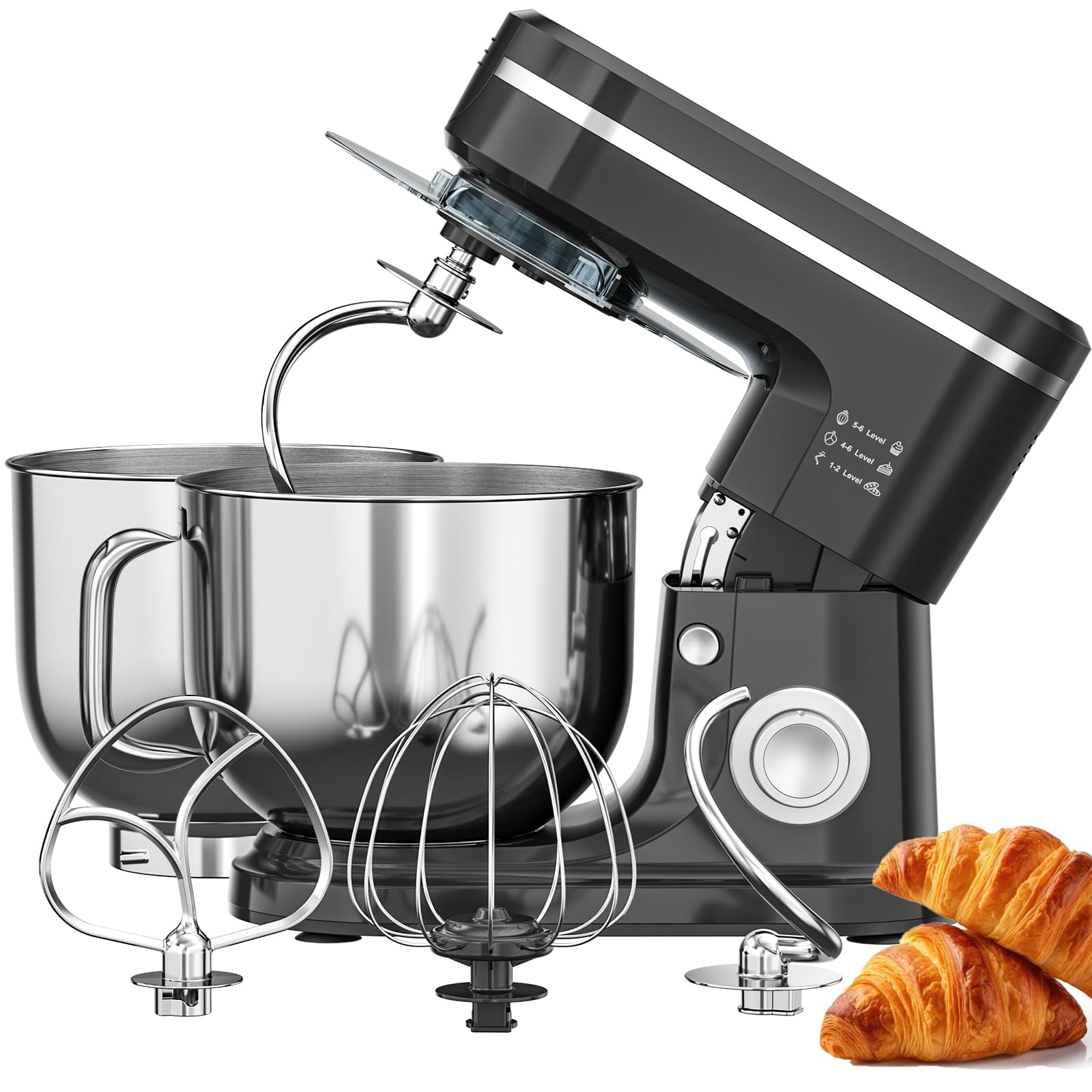 Xverycan スタンドミキサー 4L+5L ダブルステンレスボウル 500W純銅モーター 6段階速度調節+P機能 3種アタッチメント付き 卓上ミキサー 家庭用 業務用 パン捏ね/ケーキ作り/泡立て