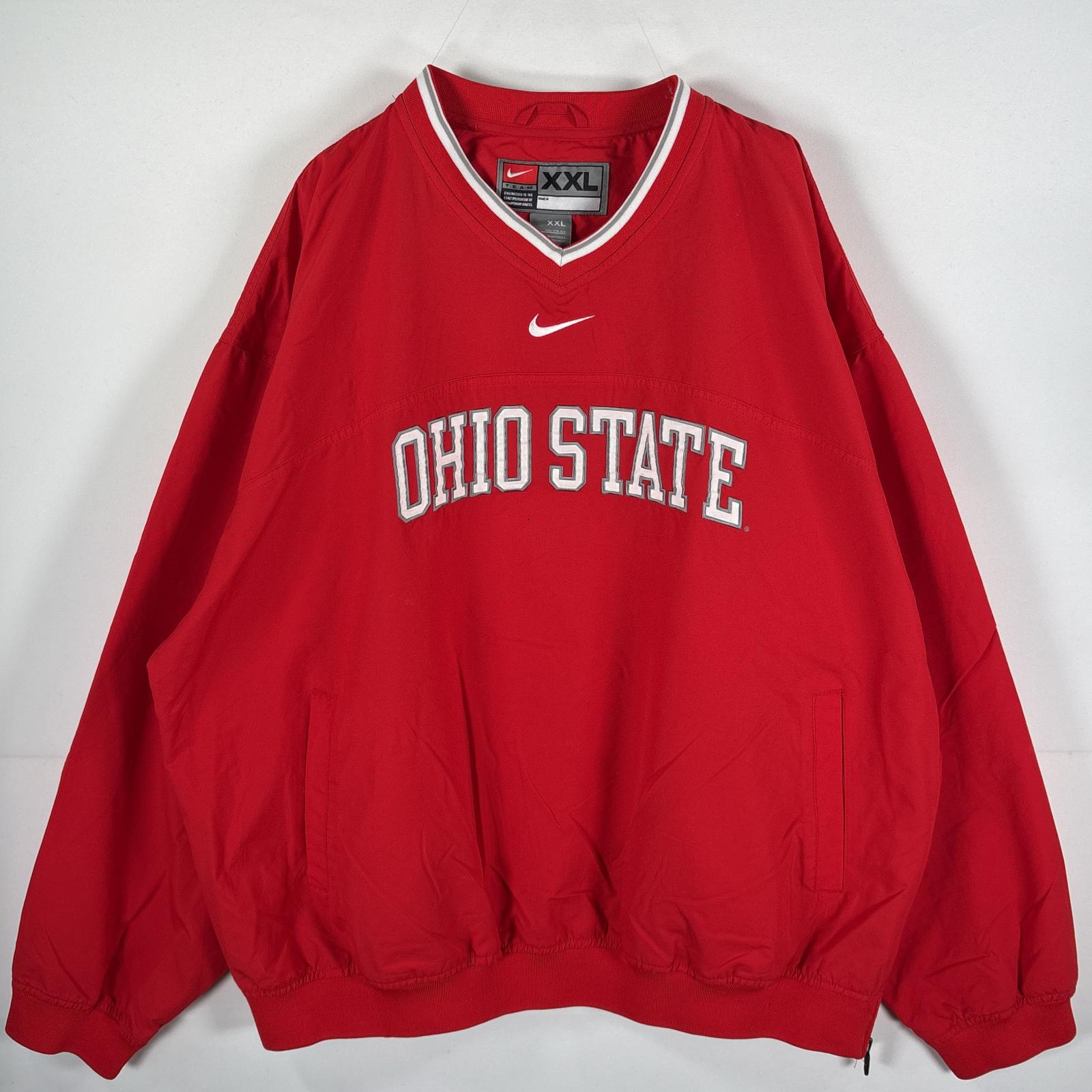 古着 ナイロンプルオーバー 刺繍ロゴ Vネック OHIOSTATE ビッグサイズ XXL レッド メンズ