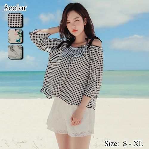 【グラシア】 水着 セット水着 レディース ビーチウェア スイムウェア 流行 海 プール オフショル 肩紐リボン リボン ビキニ レーシー Aチェック Bフラワー Cリーフ S M L ×L セット水