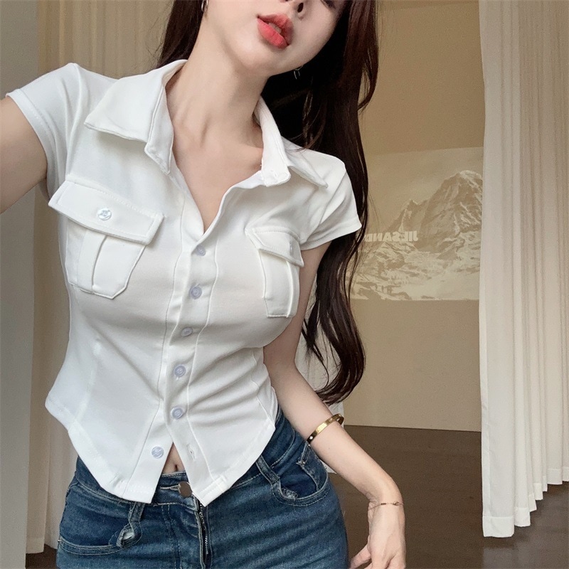 【1つ買うと10つ無料】今年の人気のあるフロントショルダーの女性用ポロカラータイトソリッドカラー シャツ純粋な欲望スタイル姉妹ショート