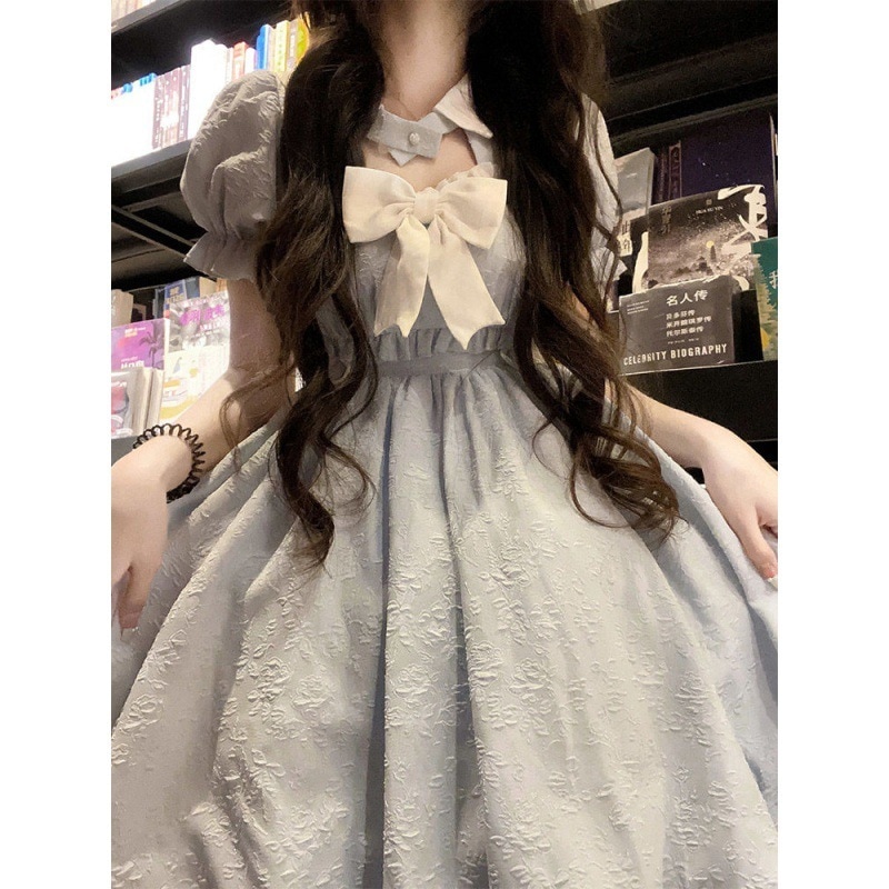 【1つ買うと10つ無料】穏やかな青いバブルスリーブドレスドレス女性夏のプリンセスパフスカート