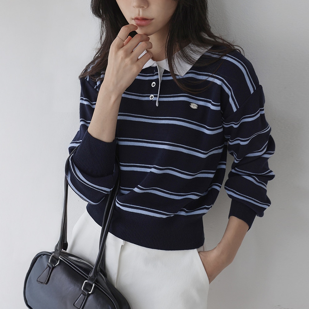 スムージーストライプカラーリングカラーボタンニット