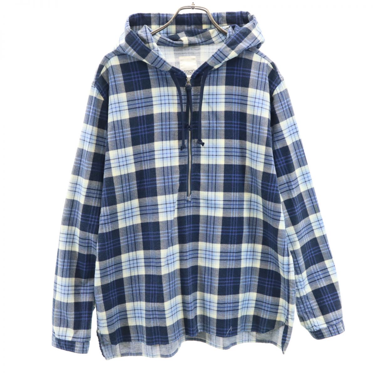 日本製 チェック柄 ハーフジップ フードジャケット M ブルー系 プルオーバー メンズ
