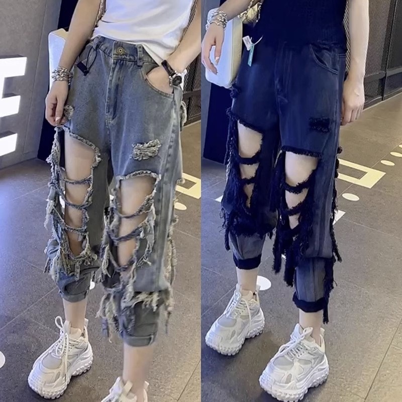 洋ナシ型ボディ少し脂肪着用プラスサイズの婦人服 2025 夏薄型穴痩身デニムハーレムパンツ女性のための 4,989円