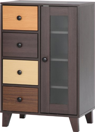 不二貿易 キャビネット リビング収納 4段 幅59奥行39高さ89cm グラデーション 木目調 スリム 引出収納 ガラス扉 脚付き 9630