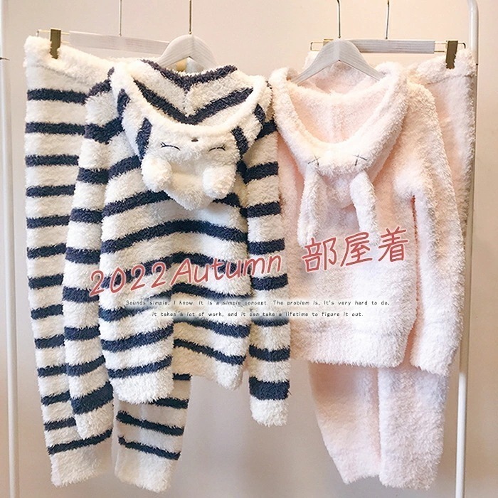 ルームウェア レディース 秋冬 長袖 フード付き 部屋着 パジャマ セットアップ 2点セット 寝間着 寝巻き ナイトウェア 長袖パジャマ 冬パジャマ フード付き 耳付き 兎耳 もこもこ ウエストゴム