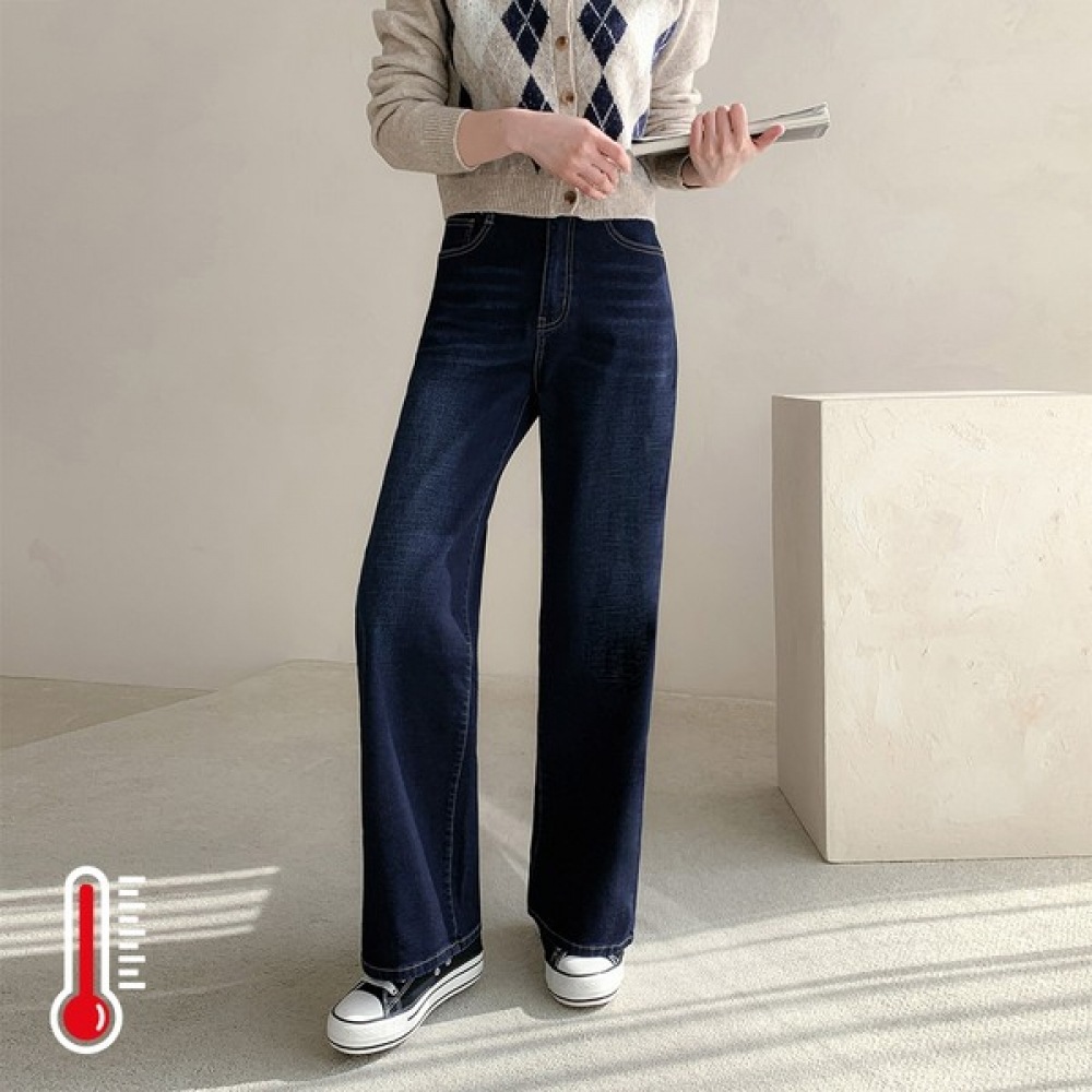 (Jinmania) インディゴブルー隠しバンディング起毛裏地ワイドデニムパンツ 5,467円