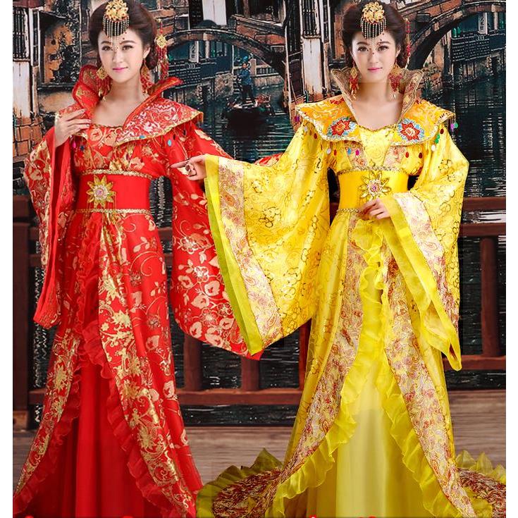 豪華引き裾漢服唐装　4色　マキシ丈チャイナドレス　スパンコール刺繍中国古代宮廷衣装　皇后皇帝貴妃コスプレ仮装変装　中華服　華流ハロウィン舞台ステージ衣30%までに制限