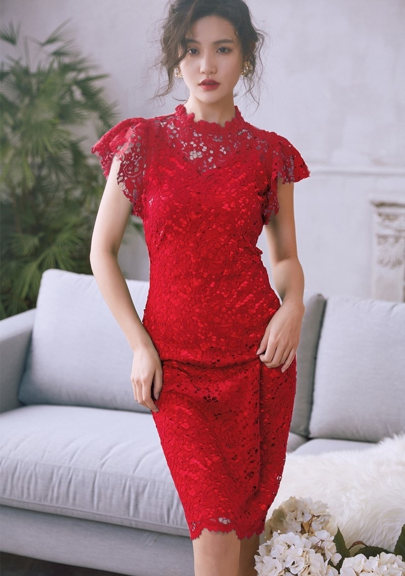1905.フリルレースワンピース（レッド）2019 春夏 sale ドレス タイト エレガント お呼ばれ パーティー 結婚式 披露宴 女子会 レストラン デート
