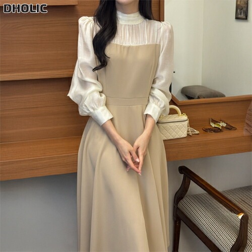 シフォンハーフネックパフスリーブレイヤード風ロング長袖フレアAラインボタンスリーブ配色ワンピース・1954376